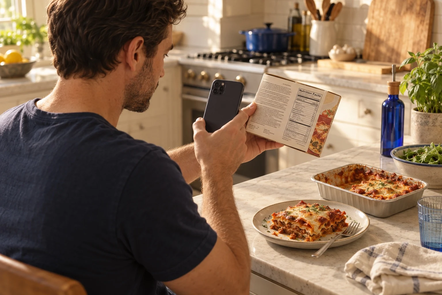 Man photographing a nutrition label