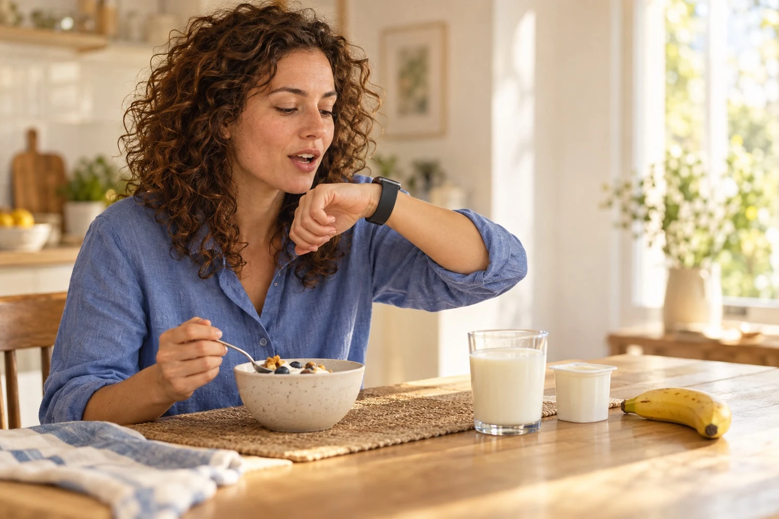 Woman dictating breakfast into her Apple Watch